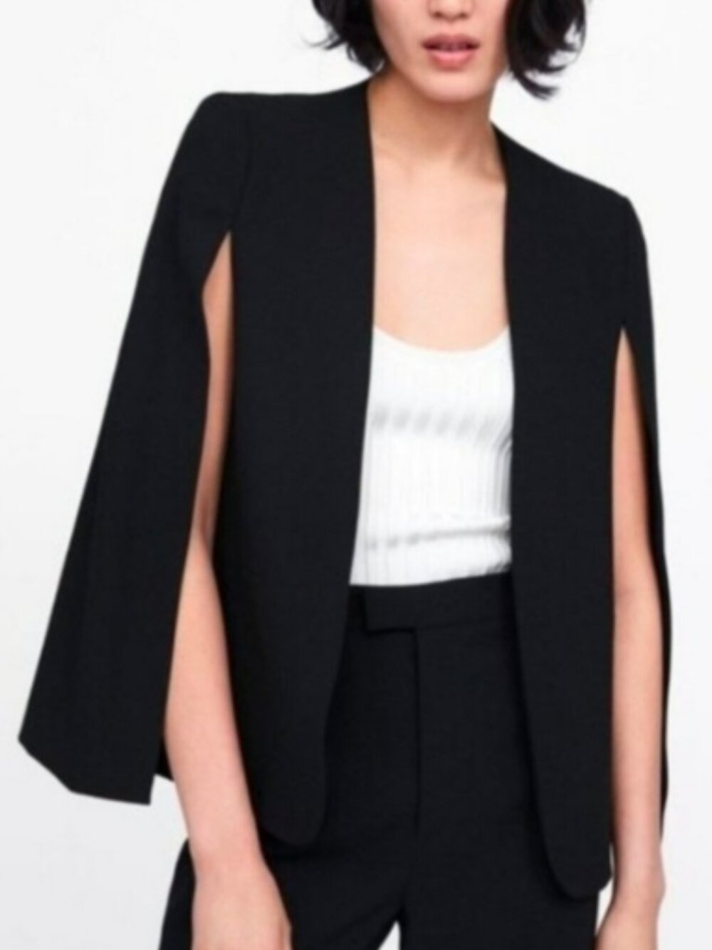 Zara Black Cape Blazer Jacket Open Front Collarless Size Small